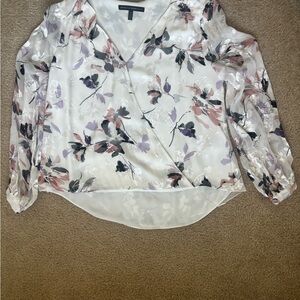 White Floral Wrap Blouse with Sheer Long Sleeves